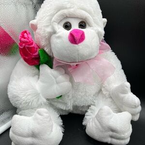 White Plush Monkey with Pink Rose